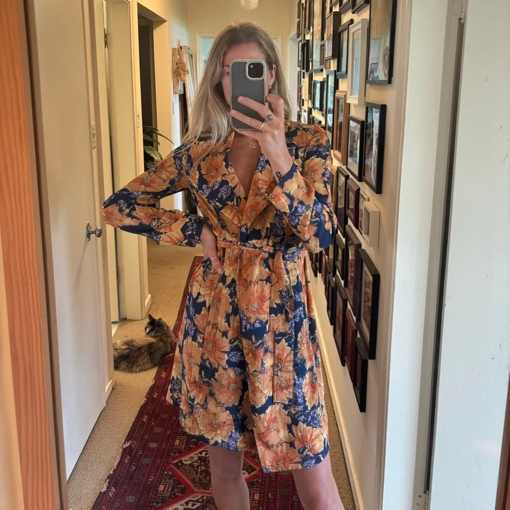 Babaton Aritzia Blue Orange Quincy Floral Trench Cardigan Jacket Wrap Dress - Picture 5 of 17
